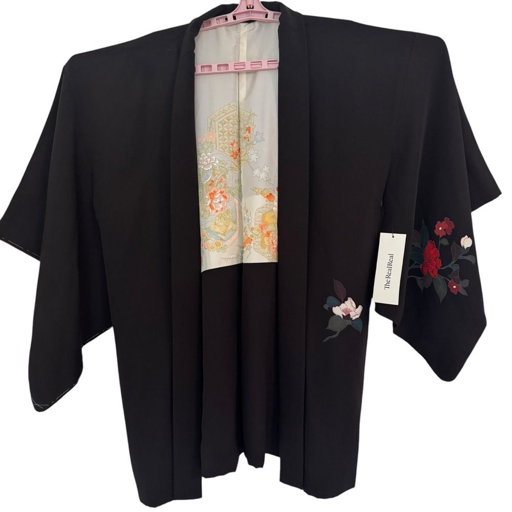 Vintage One Size Silk Jacquard Haori Kimono Festive Flower Bundles Paint
